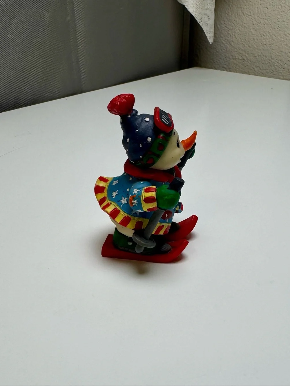 Colorful Red & Green Ski Snowman Resin Figurine